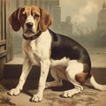 Beagle dog, engraving style, close-up portrait, black and white drawing, cute dog, hunting breed,