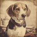 Beagle dog, engraving style, close-up portrait, black and white drawing, cute dog, hunting breed
