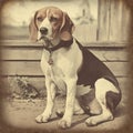 Beagle dog, engraving style, close-up portrait, black and white drawing, cute dog, hunting breed