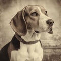 Beagle dog, engraving style, close-up portrait, black and white drawing, cute dog, hunting breed,