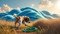 Beagle Dog Playing with Rope in Surreal Blue Wave Landscape Royalty Free Stock Photo