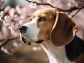 Beagle dog portrait against sakura blossom tree