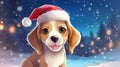 Beagle dog in red hat on festive christmas background with copy space