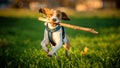 A Beagle dog running with a stick in its mouth in a grass field