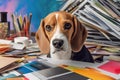 A beagle dog sitting in front of a pile of papers. Generative AI image.