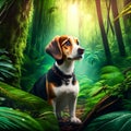 beagle dog in a tropical forest. 3d render illustration. AI Generated