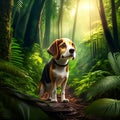 Beagle dog in a tropical forest. 3d render illustration. generative AI