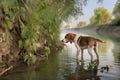 beagle focused on scent near a riverbank