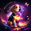 Beagle hugging heart Cute beagle dog with a heart on the background of a magic space. AI generated animal ai