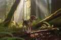 beagle nose-to-ground, exploring a forest trail Royalty Free Stock Photo