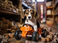 Beagle pup driving toy car in business