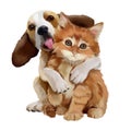 Beagle puppy hugging a ginger kitten . Watercolor drawing