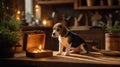 Adorable Beagle Puppy Curious About a Lighted Wooden Box in Rustic Kitchen Royalty Free Stock Photo