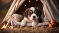 beagle puppy in the tent A napping puppy in a miniature tent, with a humorous sign, and a toy campfire setup Royalty Free Stock Photo