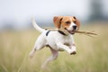 beagle running with a stick on grass