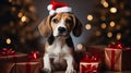 Beagle small dog in Santa Claus hat. Beagle. Christmas holidays with dogs banner poster. AI generated Royalty Free Stock Photo