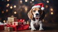 Beagle small dog wearing Santa Claus hat with Christmas gifts. Beagle. Horizontal Christmas banner poster. AI generated