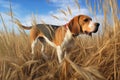 beagle walking in tall grass, nose down, tracking scent Royalty Free Stock Photo