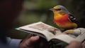 Beak in book, nature beauty surrounds them generated by AI