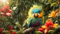 beak creative looking parrot colorful leaves, bright character exotic jungle tropical natural