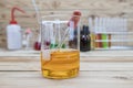 Beaker and bottle. Several chemical solution in flask. Laboratory glassware
