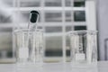 Beaker and test tubes in chemistry science laboratory background. Royalty Free Stock Photo