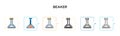 Beaker vector icon in 6 different modern styles. Black, two colored beaker icons designed in filled, outline, line and stroke Royalty Free Stock Photo