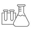 Beakers for chemistry thin line icon, education concept, Laboratory glassware sign on white background, Test tubes icon