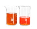 Beakers with color liquids on white background Royalty Free Stock Photo
