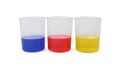 Beakers with colorful liquids isolated on white. Kids chemical experiment set