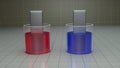 Electrochemistry. Chemistry beakers filled with metal bars and colored blue, red liquids. 3d render illustration