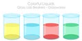 Beakers glassware. Colorful fluids. Yellow red blue green  liquid in the glass lab container, flask. Transparent shiny lab bottle Royalty Free Stock Photo