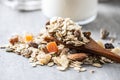 Beakfast cereals in scoop. Healthy muesli with oat flakes, nuts and raisins Royalty Free Stock Photo