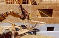 Building construction, wood framing structure at new property development site Royalty Free Stock Photo