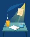 A beam of light illuminated a handwritten note on a desk next to a cup of steaming tea evidence of a break taken from Royalty Free Stock Photo