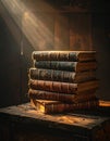 Sunlit Stack of Antique Leather Books Royalty Free Stock Photo