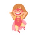 Beaming Girl Wearing Costume of Superhero Jumping High Pretending Having Power for Fighting Crime Vector Illustration