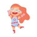 Beaming Girl Wearing Costume of Superhero Jumping High Pretending Having Power for Fighting Crime Vector Illustration