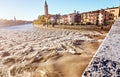 Beams morning sun bridge Ponto Pietra river Adige Italy Verona