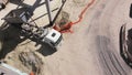 Beams With Steel Reinforcement. Dump Truck Unloads Sand in Construction. Aerial view. Unloading soil. Reinforced Royalty Free Stock Photo