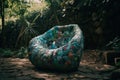 A bean bag chair sitting on a cobblestone patio. AI generative image.