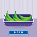 Bean on the plastic food packaging tray wrapped with polyethylene. Vector illustration Royalty Free Stock Photo