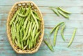 Bean pods in wicker baskets.