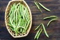 Bean pods in wicker baskets.