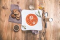 Bean soup in bowl on wooden table. Delicious lunch Royalty Free Stock Photo