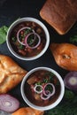 Bean soup with herbs and red onion rings in two small white bowls with fresh rye bread and garlic Royalty Free Stock Photo