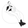 Beanbag woman holding popcorn bucket black and white 2D line cartoon character