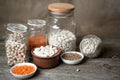 Beans, chickpeas, lentils and legumes in glass jars