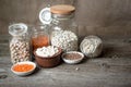 Beans, chickpeas, lentils and legumes in glass jars