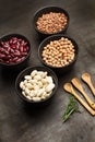 Beans, lentils and chickpeas in black bowls